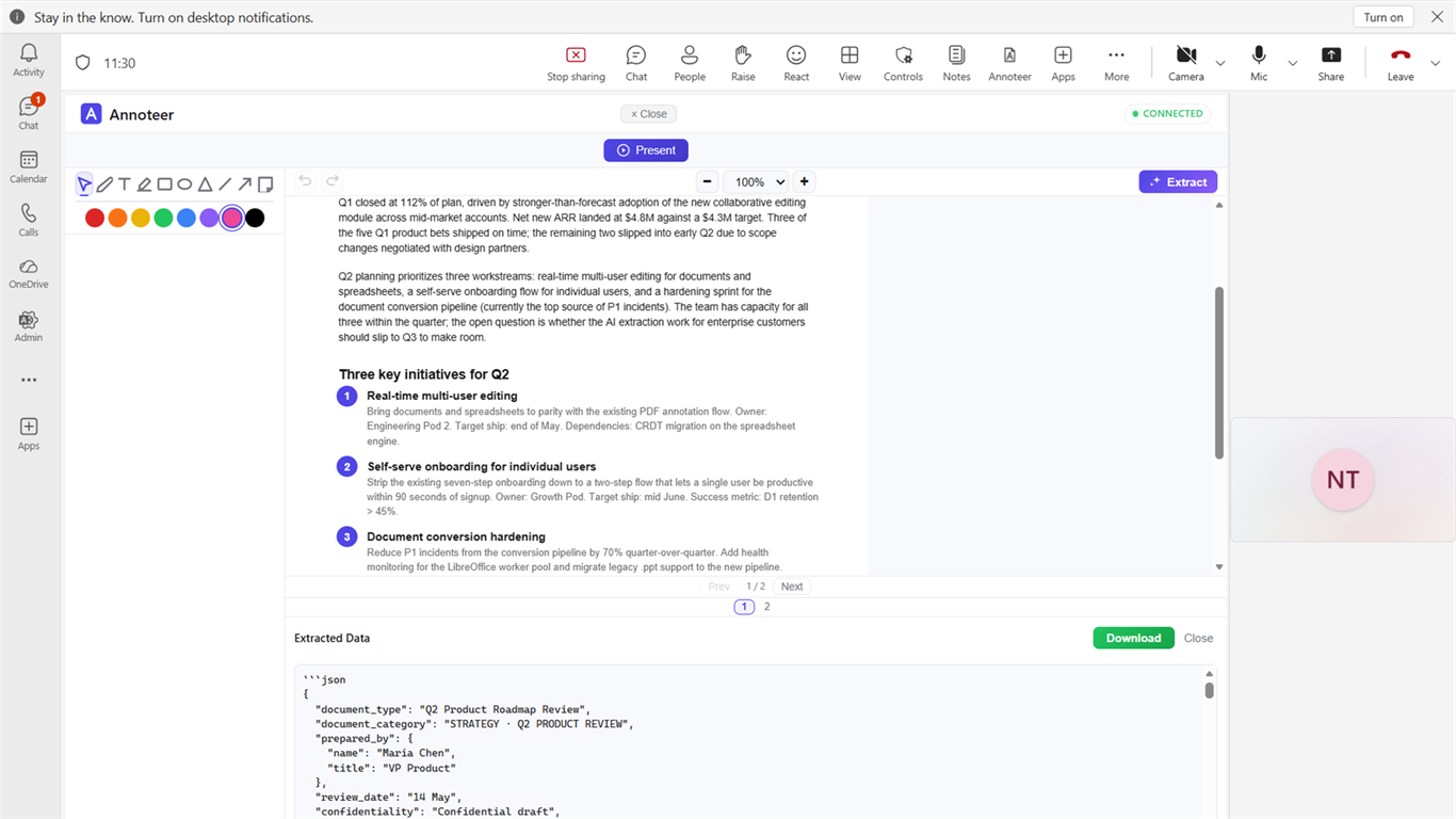 The Annoteer extraction panel showing structured JSON data streaming out of the open document.